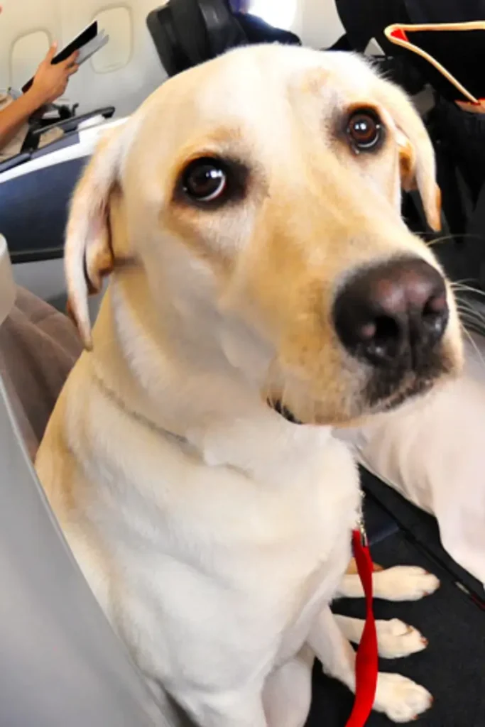 large dog sitting on airplane seat