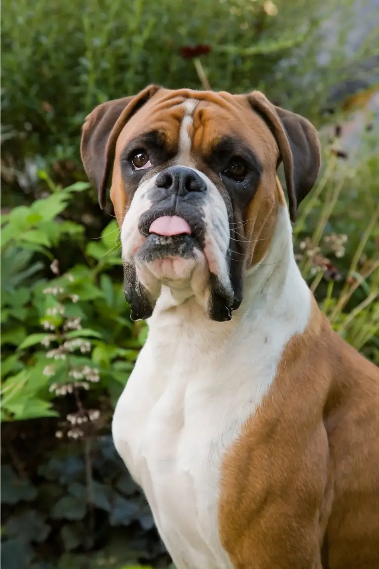 close-up of a brown and white boxer dog with a black muzzle and ears tongue out standing outdoors among green plants and flowers