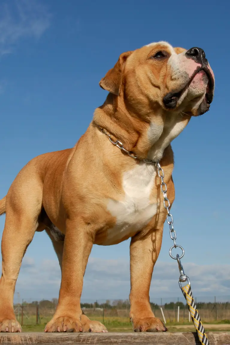 large muscular dog with tan and white fur and a chain leash standing on a wooden surface with a clear blue sky and open field in the background