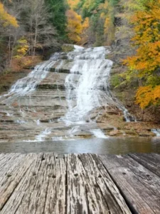 a scenic view of Buttermilk Falls in Rochester, New York, showcasing the cascading water flowing over layered rocks, surrounded by trees adorned with vibrant autumn foliage.