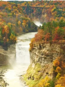 View of Letchworth State Park in Rochester, New York Upstate, showcasing the waterfall with serene river flowing through the park, bordered by majestic cliffs and a forest adorned with the colors of fall.